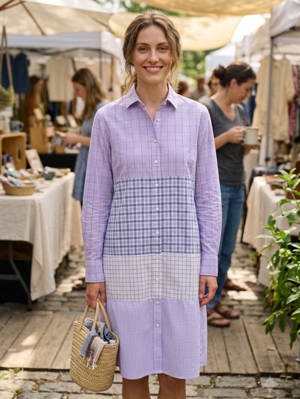 Filzwork Women's Upcycled Patchwork Purple Plaid Button-Up Midi Dress Size S